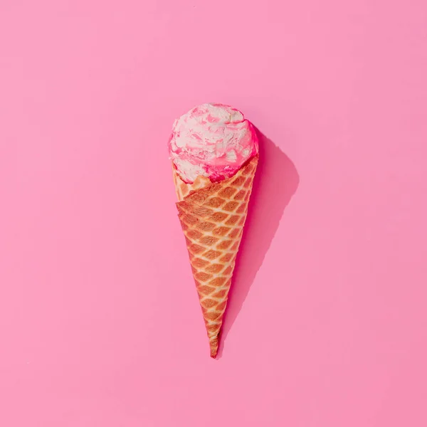 Vanilla Strawberry Ice Cream Ice Cream Cone Pastel Pink Background — Stock Photo, Image