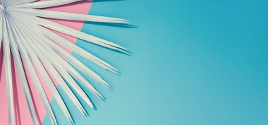 Egzotik boyalı tropikal palmiye yaprağı, en az moda yaz konsepti ile tropikal parlak renkli arka plan 