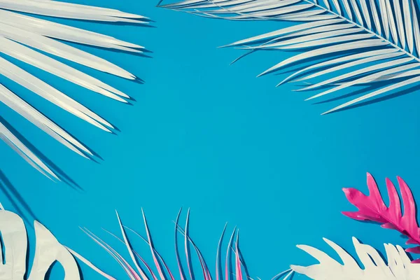 Tropical Bright Blue Background Exotic Painted Tropical Palm Leaves Minimal — Stock Photo, Image