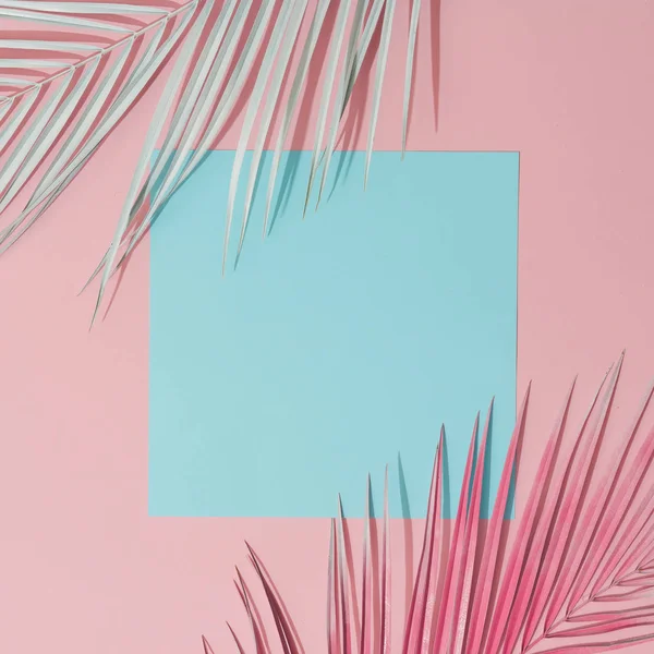 Painted palm leaves with blue empty card on pastel pink background, Tropical summer concept