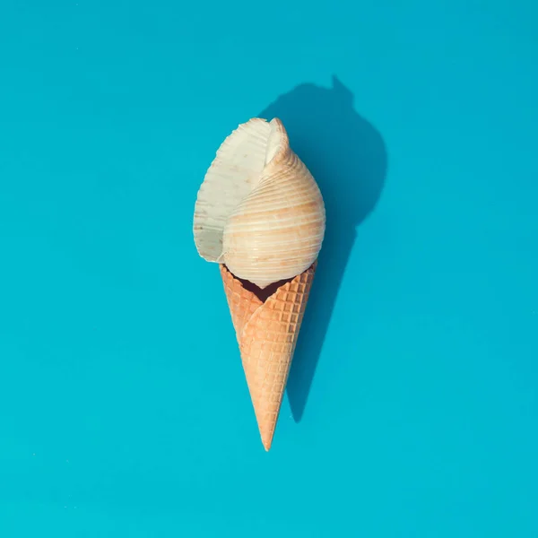 Creative Summer Layout Seashell Ice Cream Cone Bright Blue Background — Stock Photo, Image