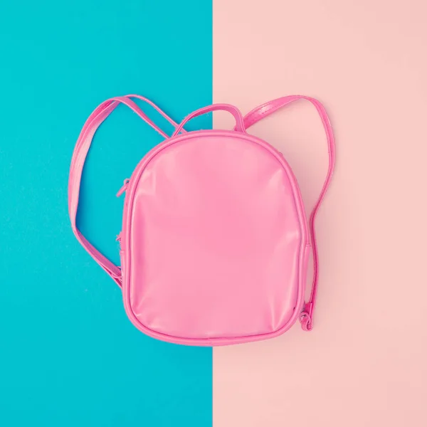 Рожева Шкільна Сумка Мінімальному Пастельному Рожево Блакитному Тлі Концепція Шкільної — стокове фото