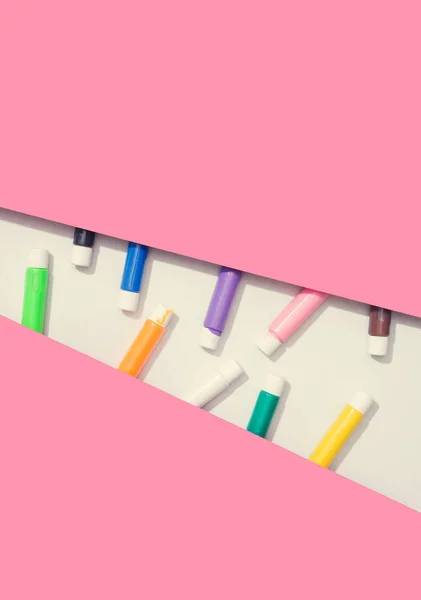Abstracte Minimale Roze Geometrische Papieren Collage Met School Kleur Verven — Stockfoto