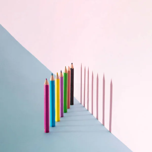 School Kleurrijke Potloden Pastel Achtergrond Minimale Concept Art — Stockfoto