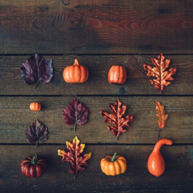 Parlak yaprakları ve koyu ahşap arka plan üzerinde pumpkins ile yaratıcı sonbahar Cadılar Bayramı düzeni. Sezon kavramı   