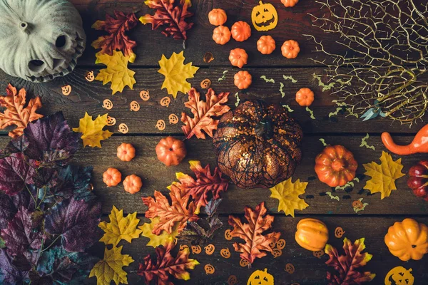 Creative Autumn Halloween Layout Various Leaves Pumpkins — Stock Photo, Image