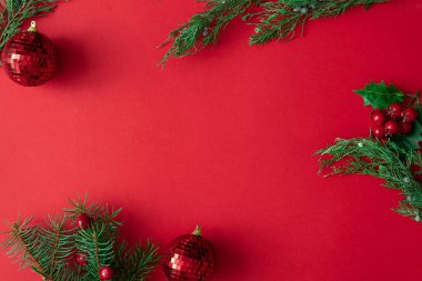 Kırmızı Noel Kış dekorasyonları ve ağaç dalları ve yaprakları ile arka plan. Tatil kopya alan düzeni.
