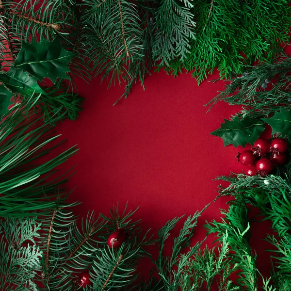 Fondo Rojo Navidad Con Decoraciones Invierno Ramas Hojas Árboles Diseño — Foto de Stock