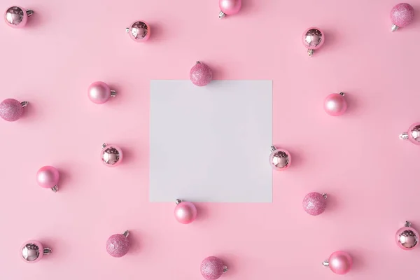 Creative Christmas Composition Paper Card Center Balls Pink Pastel Color — Stock Photo, Image
