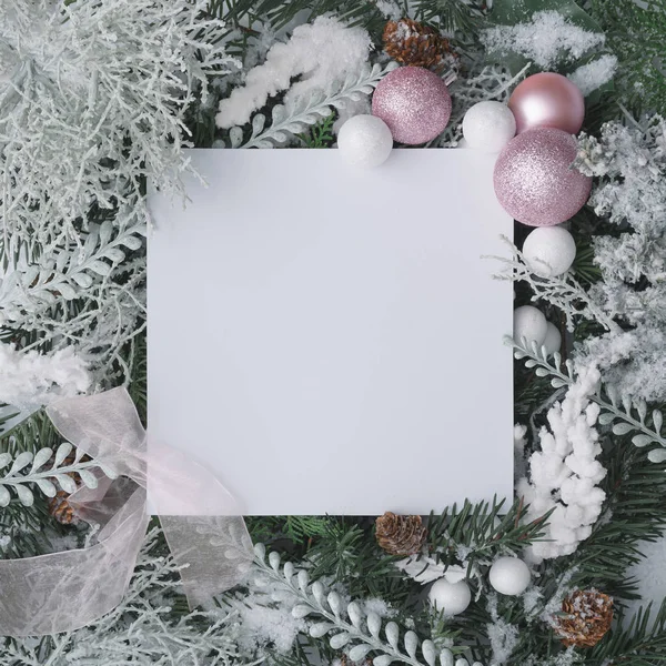 圣诞节框架由冬季植物制成 顶视图 新年销售卡 — 图库照片