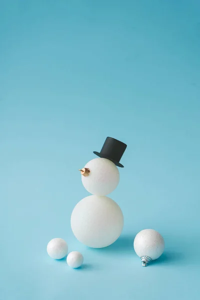 Snowman Made Christmas Bauble Decorations Pastel Blue Background Creative Winter — Stock Photo, Image