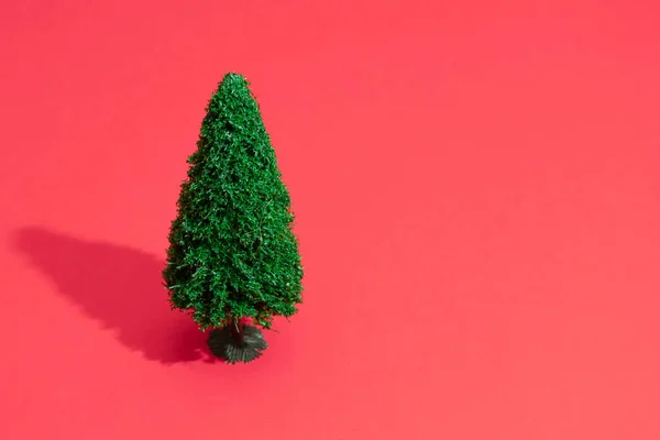 Minimal composition with green Christmas tree on pastel red background. New Year concept