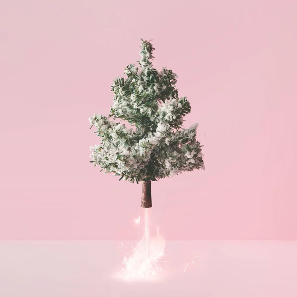Karácsonyfa Tűzijáték Pasztell Rózsaszín Háttér Visszaszámlálás Koncepció — Stock Fotó