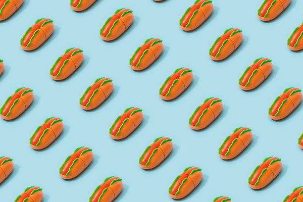 Hot Dog Fastfood Patroon Pastel Blauwe Achtergrond Minimale Junkfood Concept — Stockfoto