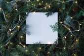 Kreatives Layout aus Weihnachtsbaumzweigen mit Pappkartennotiz und Weihnachtsbeleuchtung. Natur Neujahrskonzept 
