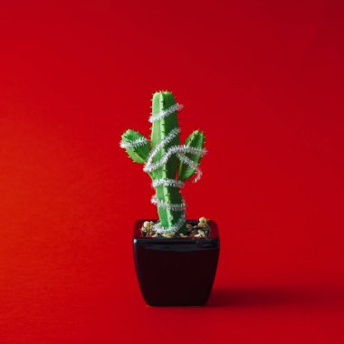 Cactus with Christmas tree decoration in pot on red background. Minimal New Year concept 