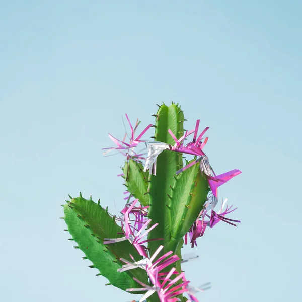 Cactus Met Kerstboom Decoratie Blauwe Achtergrond Minimale Nieuwjaar Concept — Stockfoto