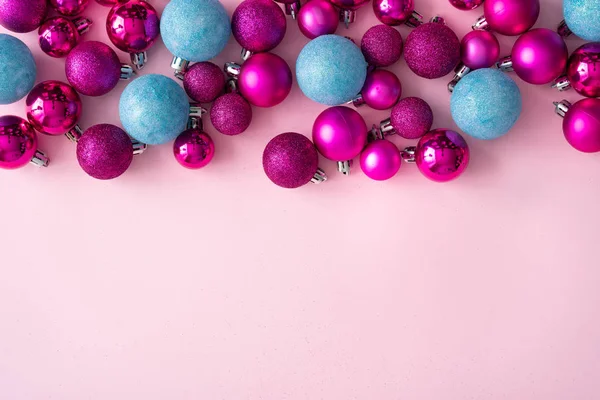 Minimal Composition Background Plastic Pink Blue Decorative Christmas Balls New — Stock Photo, Image