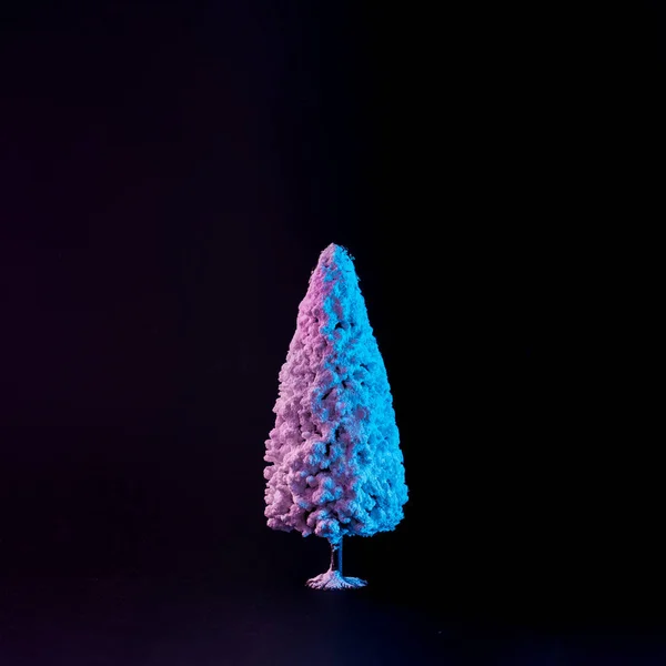 Snowy Christmas Tree Vibrant Bold Gradient Holographic Colors Dark Background — Stock Photo, Image