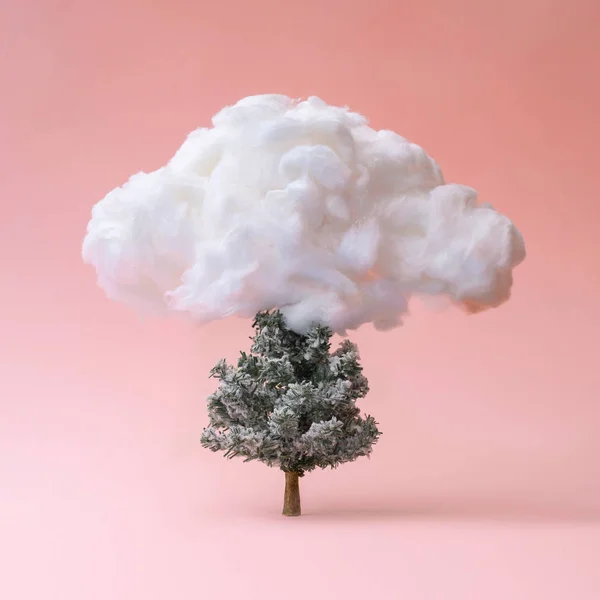 Wolk Met Kerstboom Minimale Nieuwjaar Concept Achtergrond — Stockfoto