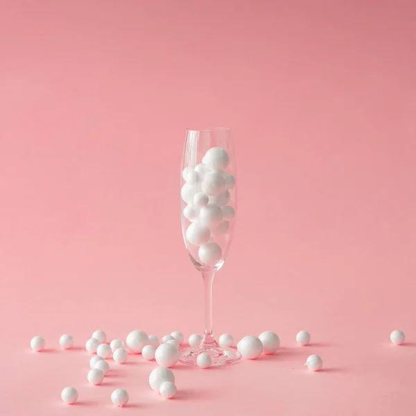 Champagne Glass White Bubbles Minimal Party Composition — Stock Photo, Image