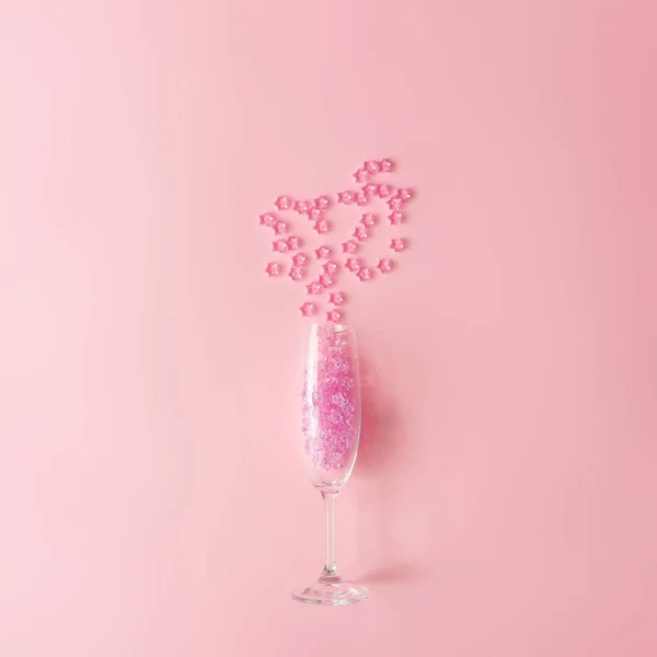 Champagne Glass Pink Glitter Pastel Pink Background Minimal Party Drink — Stock Photo, Image