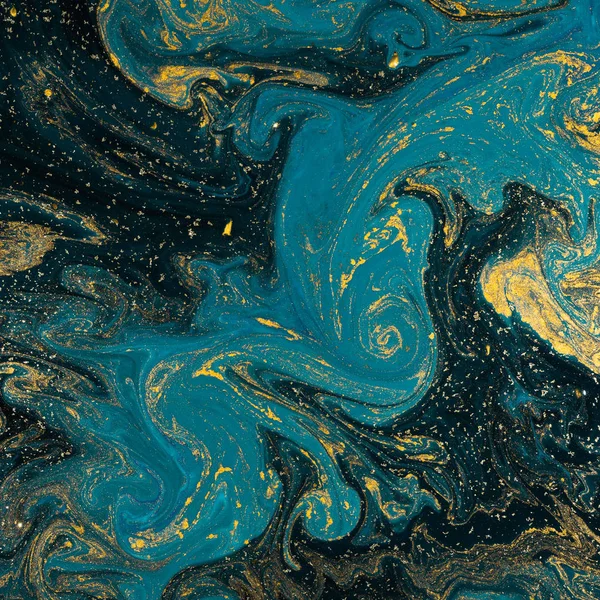 黄金のきらめきの粉と抽象的なブルー ペイントの背景 — ストック写真