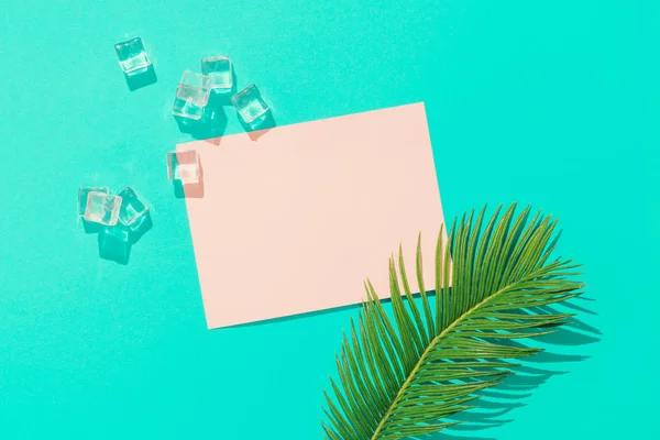 Tropical Palm Leaf Pink Paper Card Note Ice Cubes Vivid — Stock Photo, Image