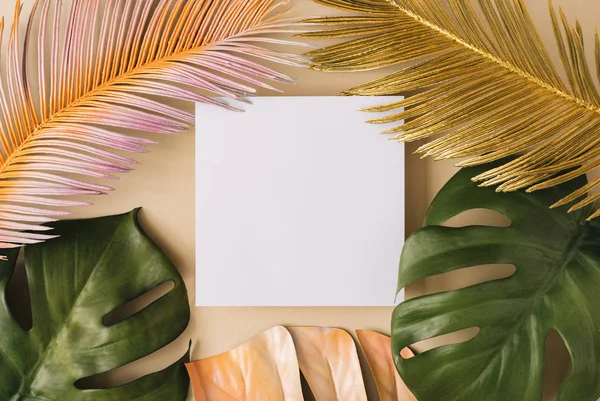 Creative Layout Made Golden Green Tropical Palm Leaves White Paper — Stock Photo, Image