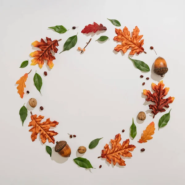 Kreatives Jahreszeitliches Layout Aus Bunten Herbstblättern Und Ästen Kranzform Saisonkonzept — Stockfoto