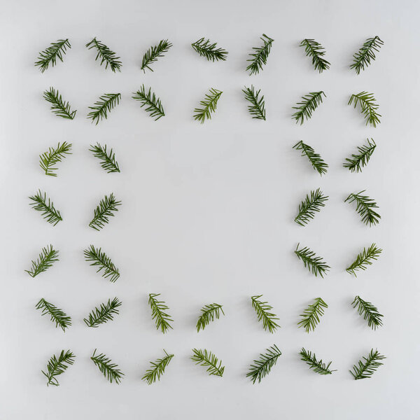 Creative arrangement with fir branches. Minimal winter background 