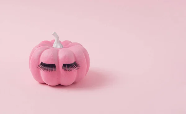 Rózsaszín Halloween Tök Sminkkel Minimális Ünnepi Koncepció Háttér — Stock Fotó