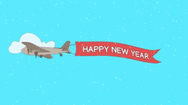 Flugzeug Fliegt Mit Happy New Year Banner Durch Die Wolken — Stockvideo