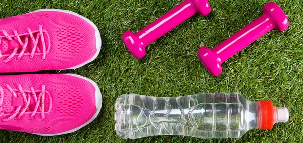 Zapatillas Deporte Color Rosa Mancuernas Para Fitness Una Botella Agua — Foto de Stock