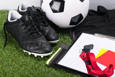şeyler için yeşil çim üzerinde bir futbol hakemi