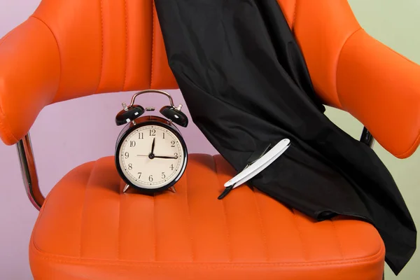 Background Orange Chair Alarm Clock Show Time Next Items Haircuts — Stock Photo, Image