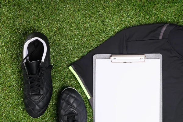 Shoes Playing Football Tablet Records Lie Green Grass — Stock Photo, Image