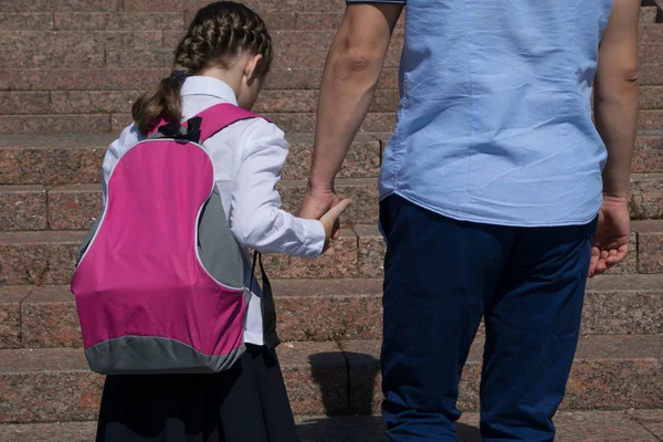 Schoolgirl Holds His Father Hand Climbing Steps His Way School — стоковое фото