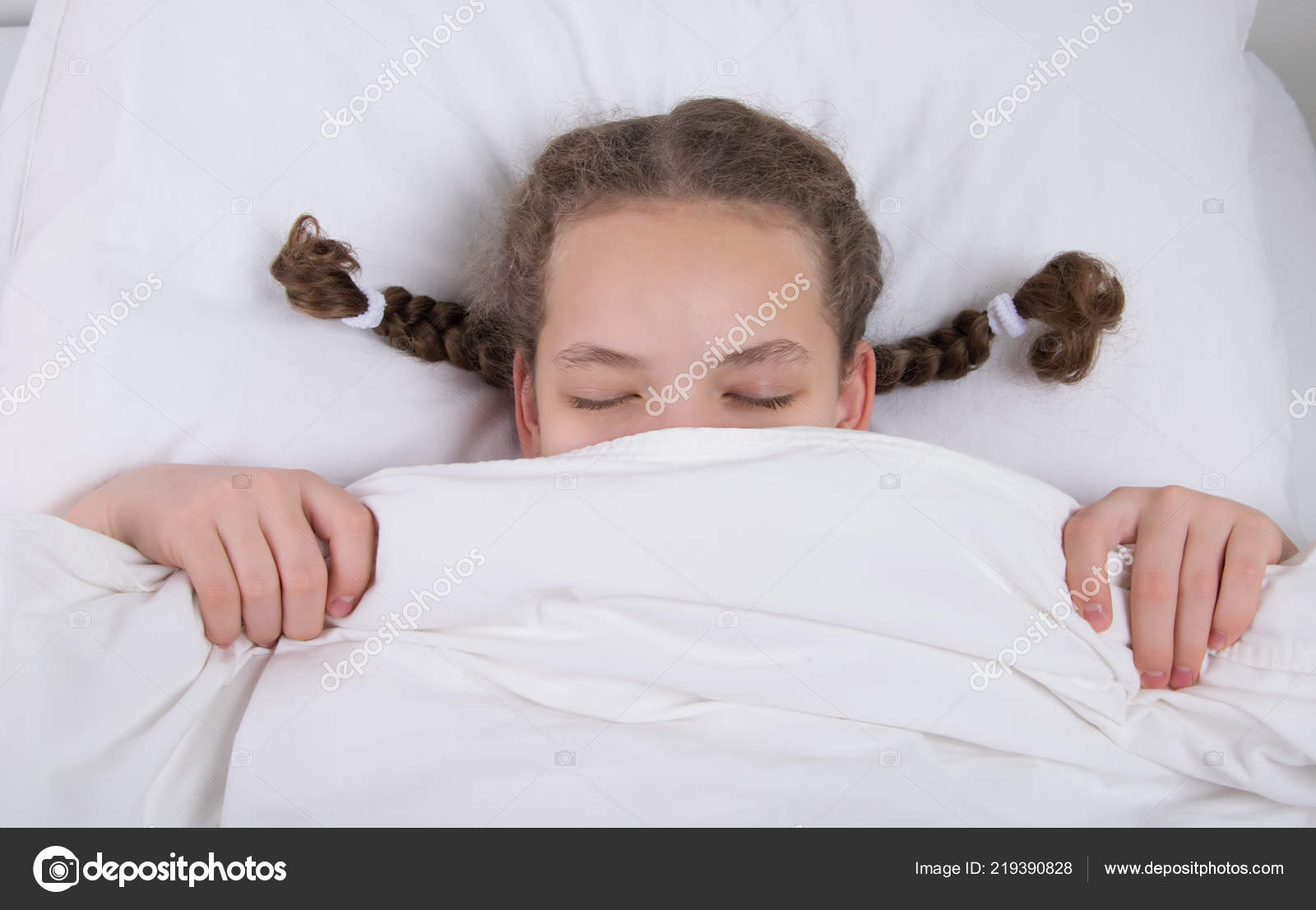 Girl Lying Blanket Two Pigtails Pillow — Stock Photo © kurgu128.mail.ru