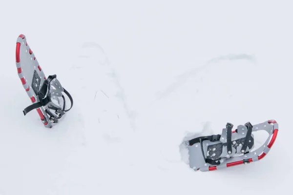 Kış Arka Plan Beyaz Karda Eklenen Kar Ayakkabıları Bir Çift — Stok fotoğraf