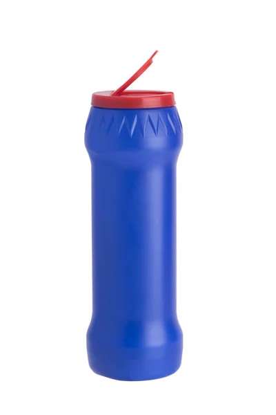 Blå Flaska Pulver Förvaringsbehållare För Rengöring Ytor Vit Bakgrund — Stockfoto