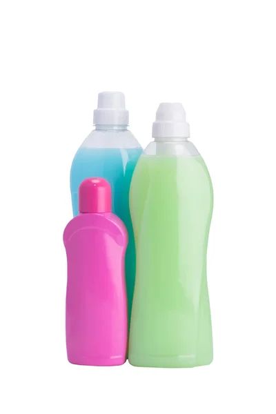 Drei Flaschen Mit Waschmittel Isoliert Auf Weiß — Stockfoto