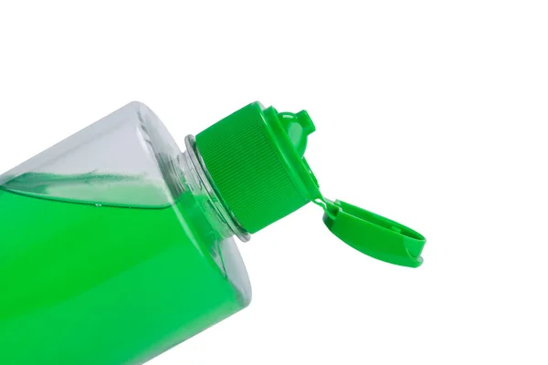 Groene Gel Een Open Fles Een Witte Achtergrond — Stockfoto