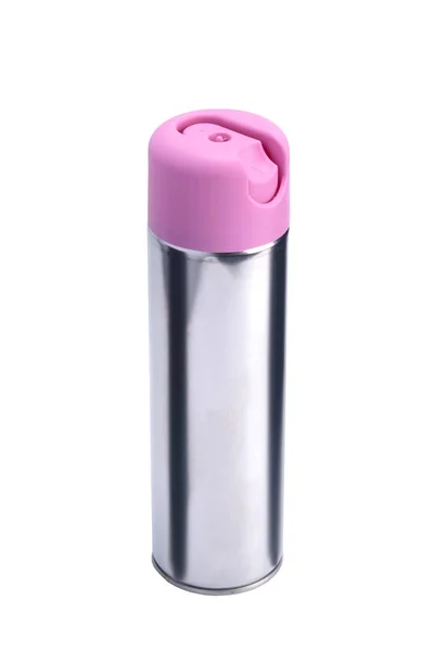 Contenitore Metallo Con Spray Coperchio Rosa Profumare Aria Sfondo Bianco — Foto Stock