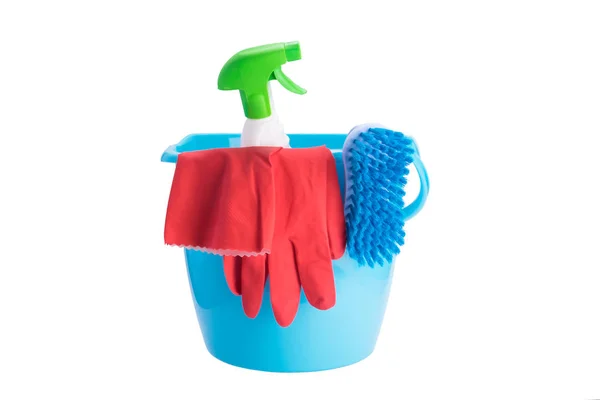 Bucket Items Cleaning Products Wet Cleaning Isolated White — Stock Photo, Image