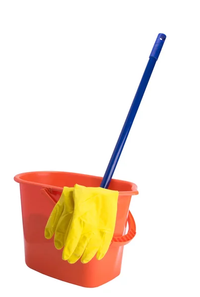 White Background Bucket Mop Cleaning Rubber Gloves Close — Stock Photo, Image