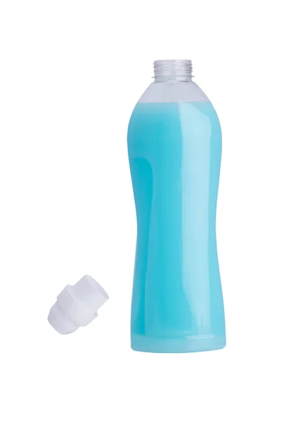 Bottle Lid Blue Liquid White Background Open Fabric Softener — Stock Photo, Image