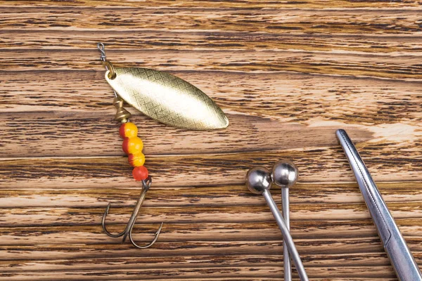 Concepto Objetos Para Pesca Sobre Fondo Madera Quemada — Foto de Stock