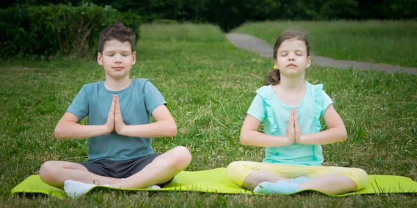 Chico Chica Haciendo Yoga Aire Libre Sobre Fondo Hierba Verde — Foto de Stock