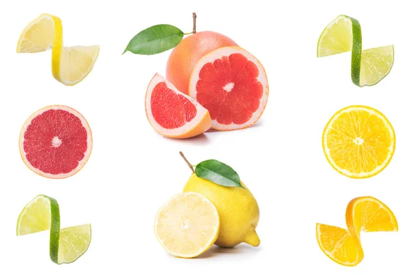 白に分離新鮮な柑橘系のフルーツスライスのコレクション レモン グレープフルーツ オレンジのコラージュ — ストック写真